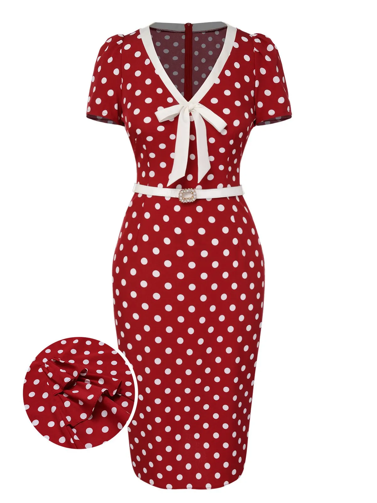 Red 1960s Polka Dots Tie Neck Dress sold by Retro Stage product image thumbnail 2
