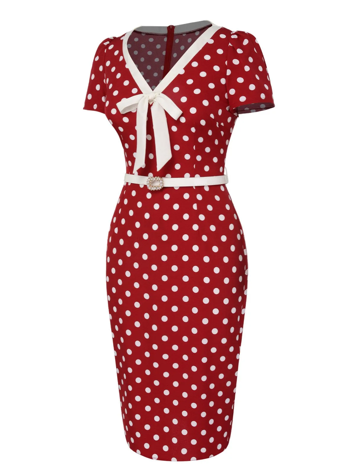 Red 1960s Polka Dots Tie Neck Dress sold by Retro Stage product image thumbnail 4