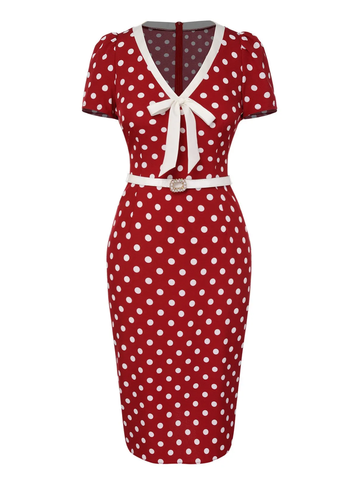 Red 1960s Polka Dots Tie Neck Dress sold by Retro Stage product image thumbnail 3