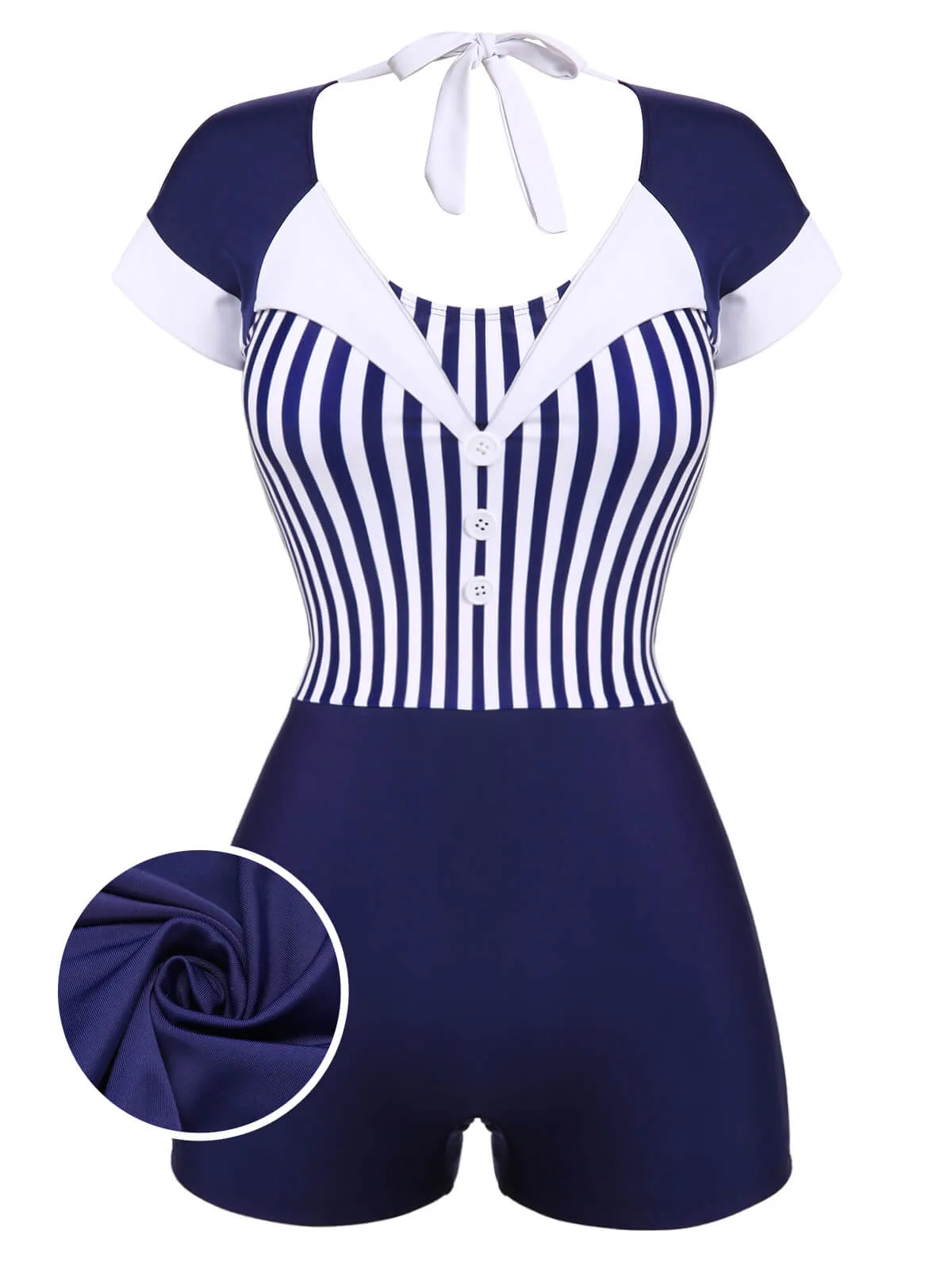 Navy Blue 1930s Stripe Patchwork Swimsuit sold by Retro Stage