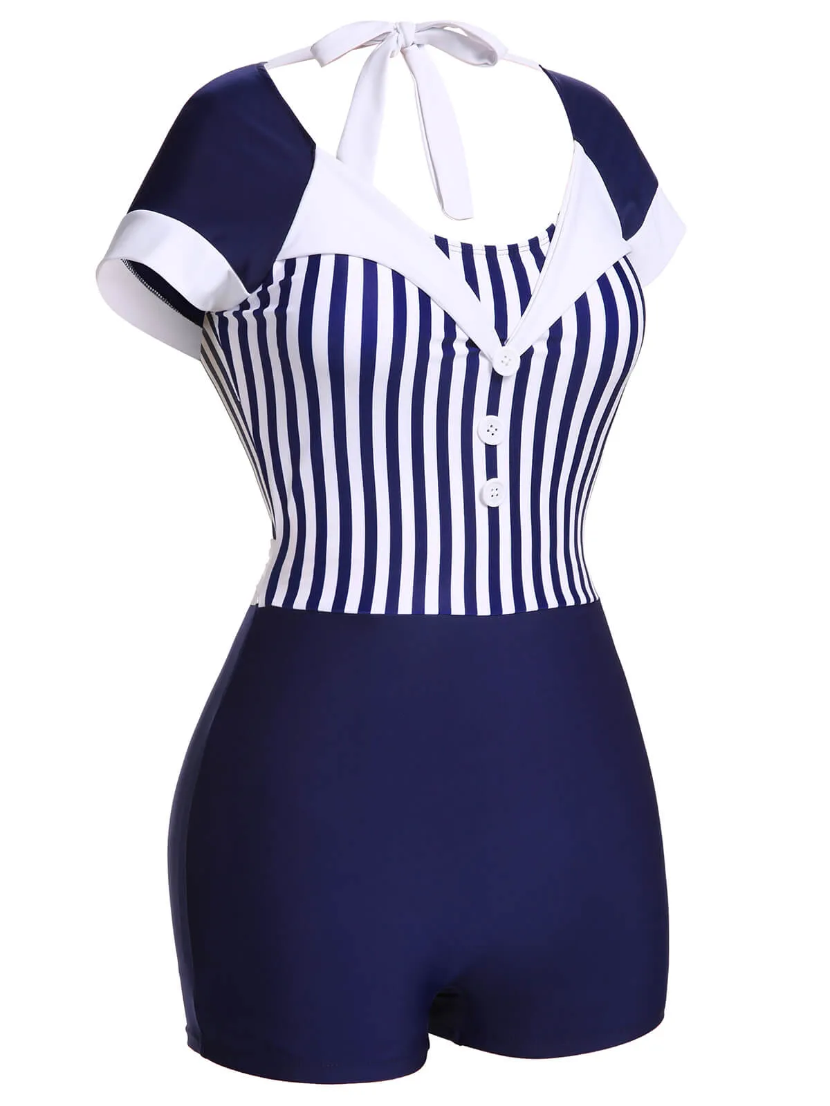 Navy Blue 1930s Stripe Patchwork Swimsuit sold by Retro Stage product image thumbnail 3
