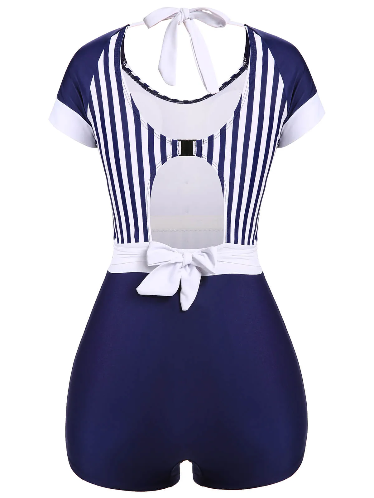 Navy Blue 1930s Stripe Patchwork Swimsuit sold by Retro Stage product image thumbnail 4