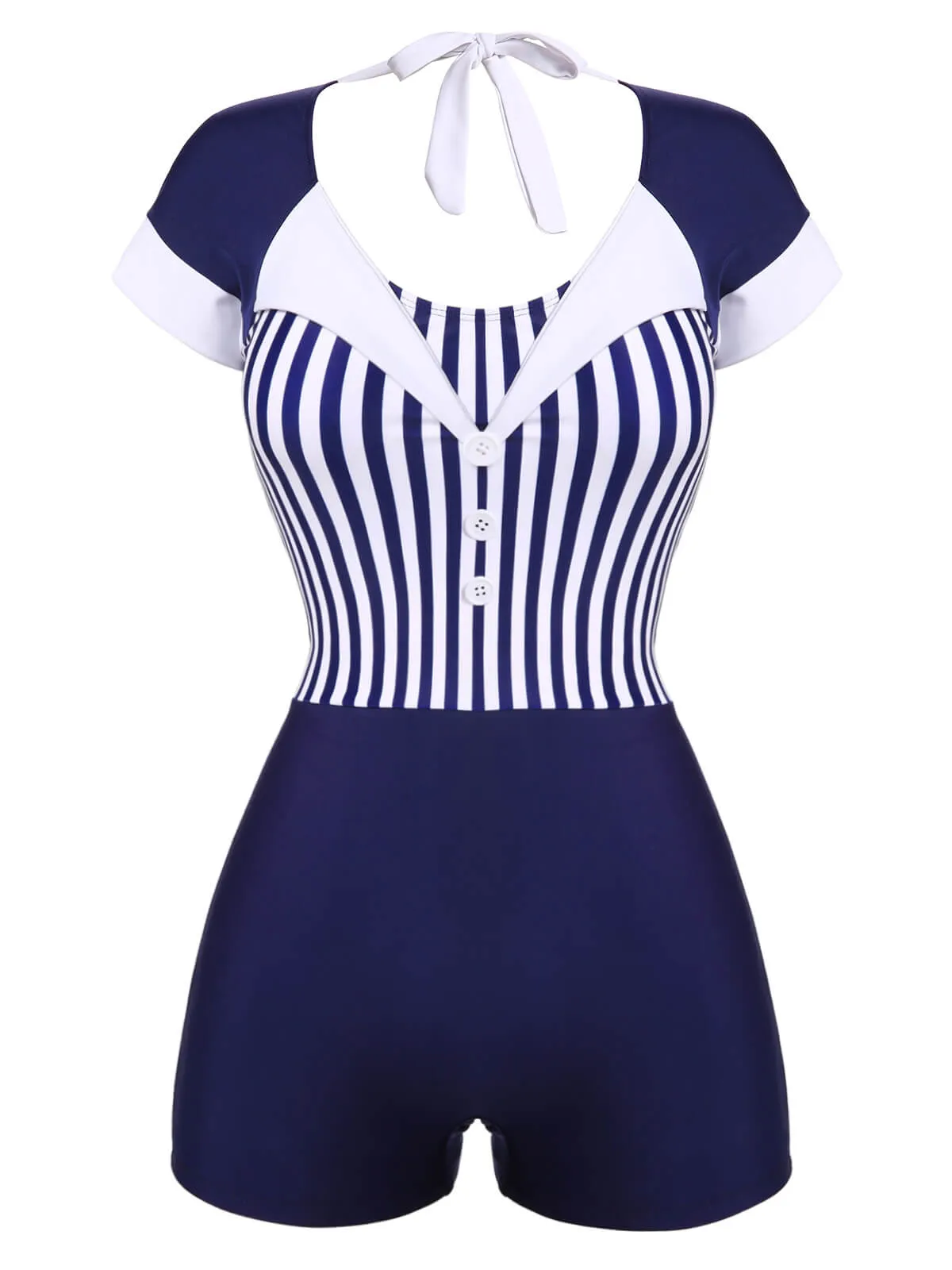 Navy Blue 1930s Stripe Patchwork Swimsuit sold by Retro Stage product image thumbnail 2