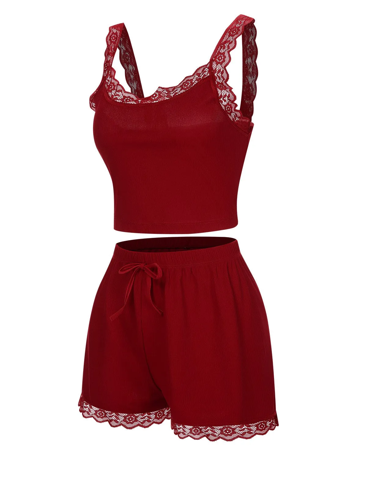 Red 1970s Lace Trimmed Straps Pajamas sold by Retro Stage product image thumbnail 2