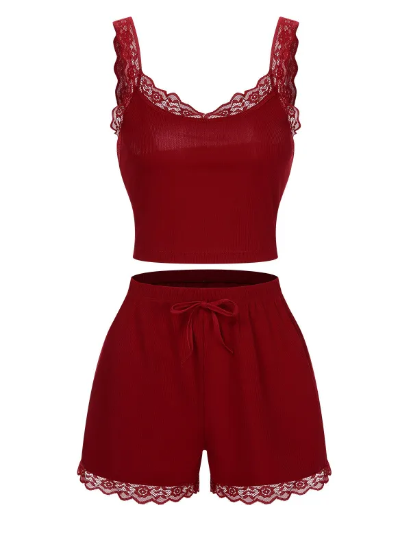 Red 1970s Lace Trimmed Straps Pajamas sold by Retro Stage