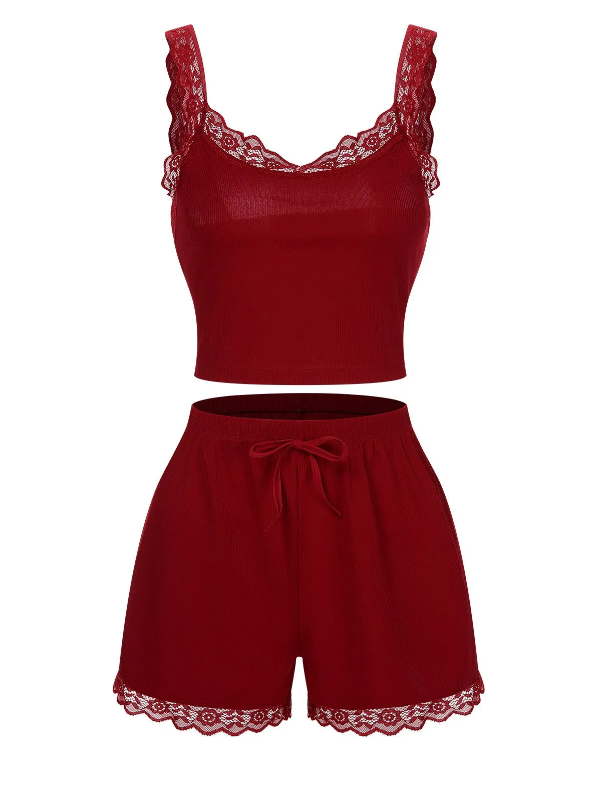 Red 1970s Lace Trimmed Straps Pajamas sold by Retro Stage