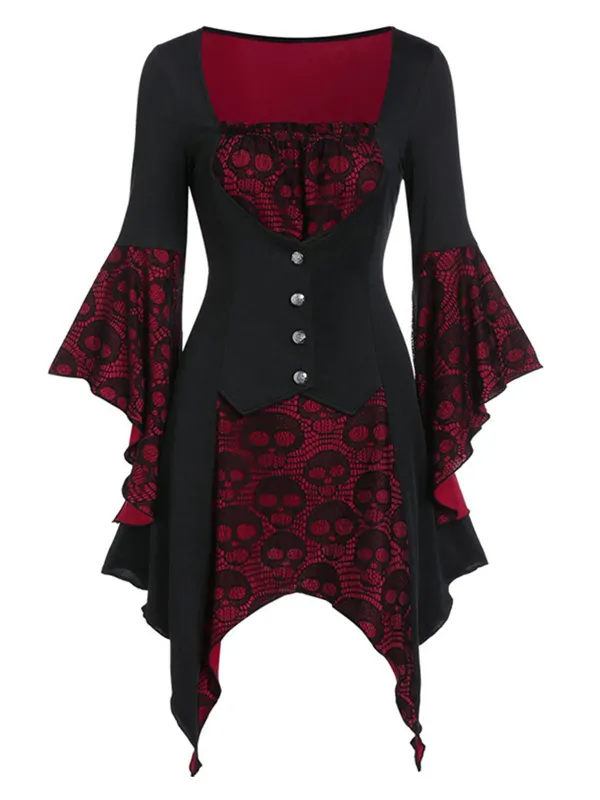 Wine Red&Black 1940s Skull Lace Button Dress sold by Retro Stage