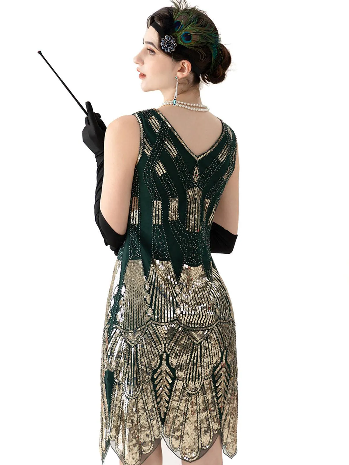 Dark Green 1920s V-Neck Sequined Flapper Dress sold by Retro Stage product image thumbnail 3