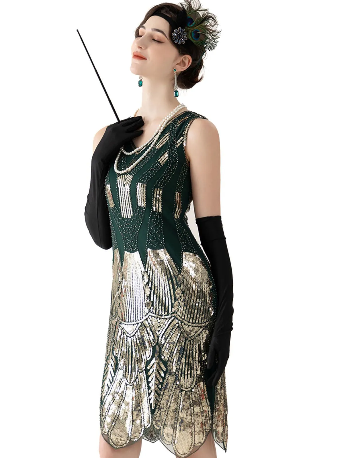 Dark Green 1920s V-Neck Sequined Flapper Dress sold by Retro Stage product image thumbnail 2