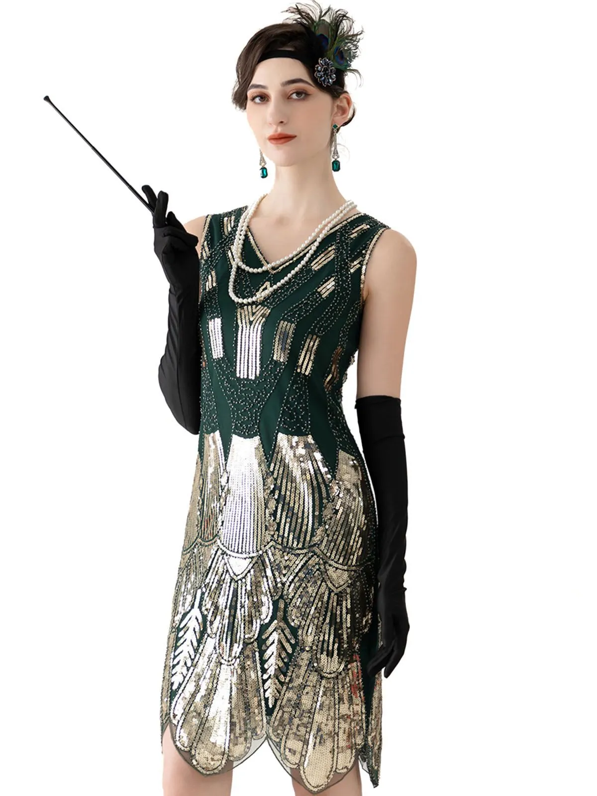 Dark Green 1920s V-Neck Sequined Flapper Dress sold by Retro Stage
