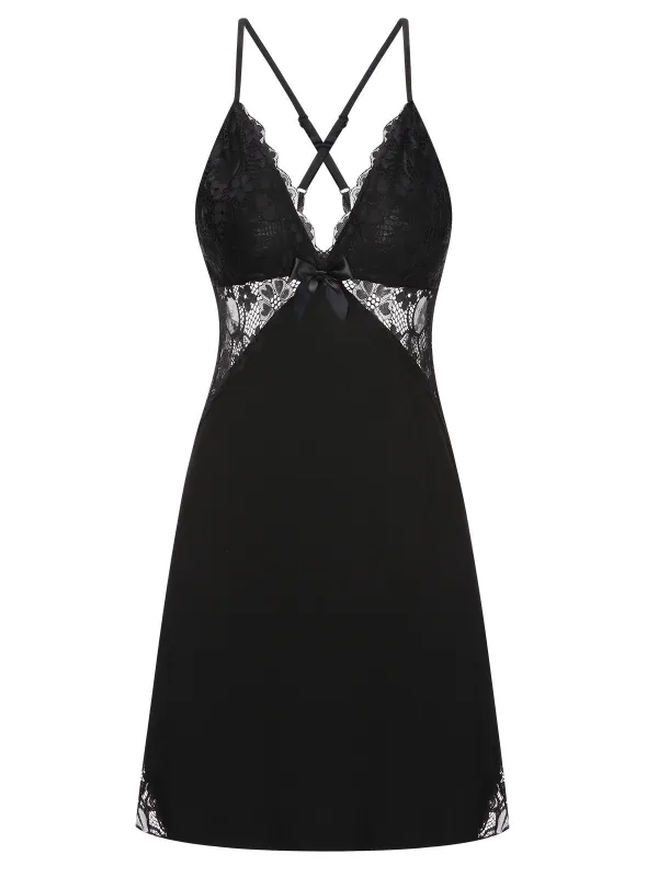 Black 1970s Lace Patchwork Spaghetti Straps Nightgown sold by Retro Stage