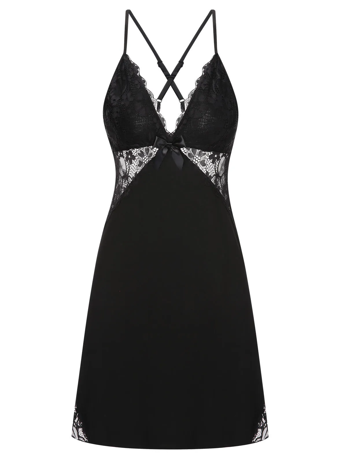 Black 1970s Lace Patchwork Spaghetti Straps Nightgown sold by Retro Stage