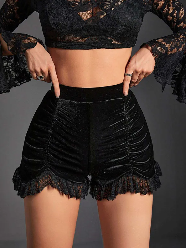Black 1970s Solid Velvet Lace Pleated Shorts sold by Retro Stage