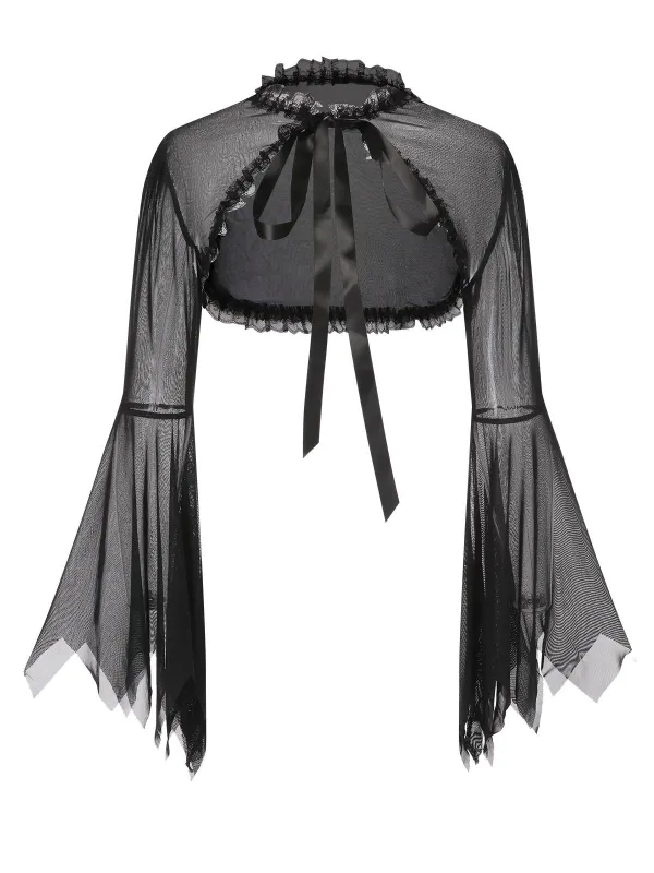 Black 1950s Flare Sleeved Lace-Up Sheer Cape sold by Retro Stage