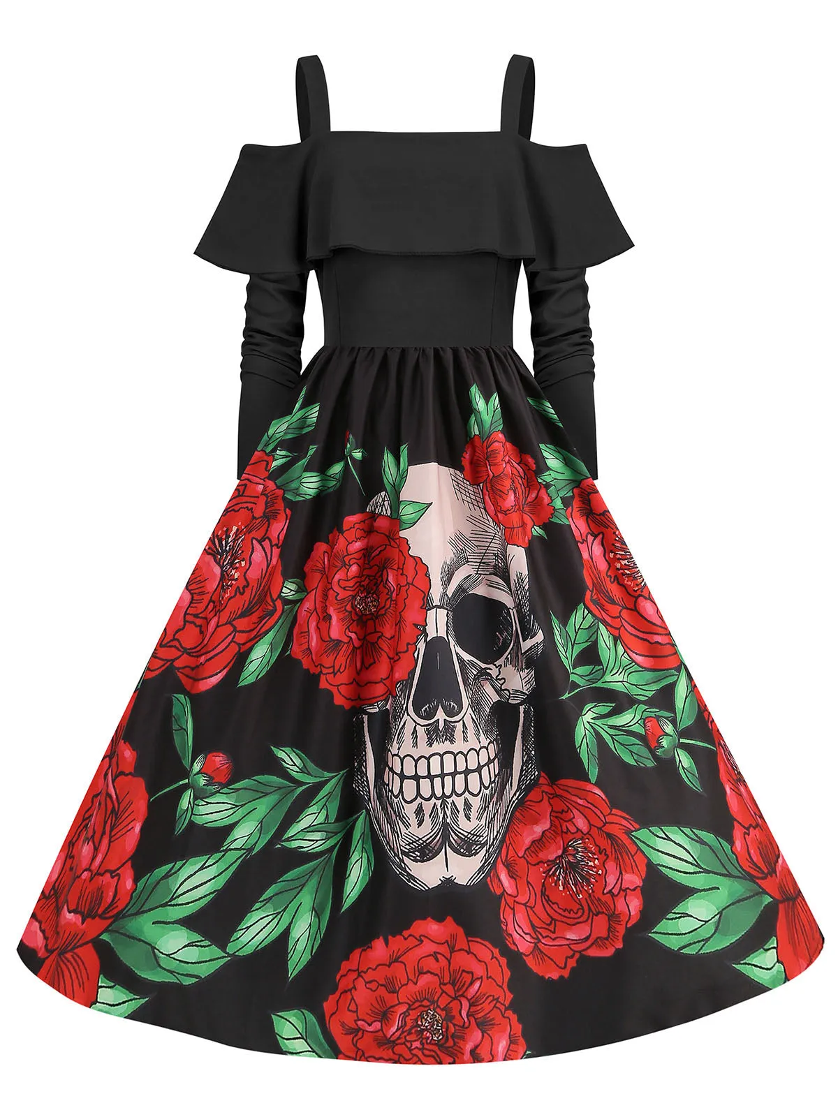 Black 1950s Cold-Shoulder Halloween Skull Roses Dress sold by Retro Stage product image thumbnail 3