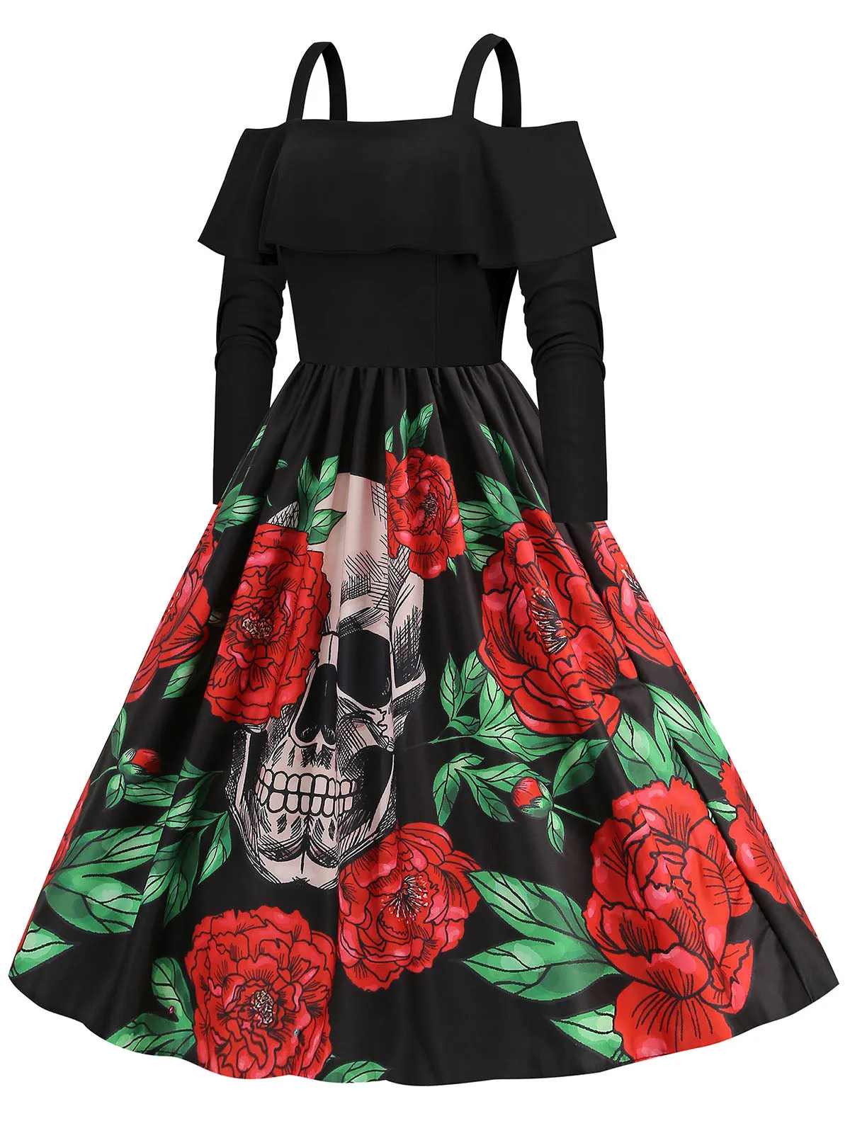 Black 1950s Cold-Shoulder Halloween Skull Roses Dress sold by Retro Stage product image thumbnail 2