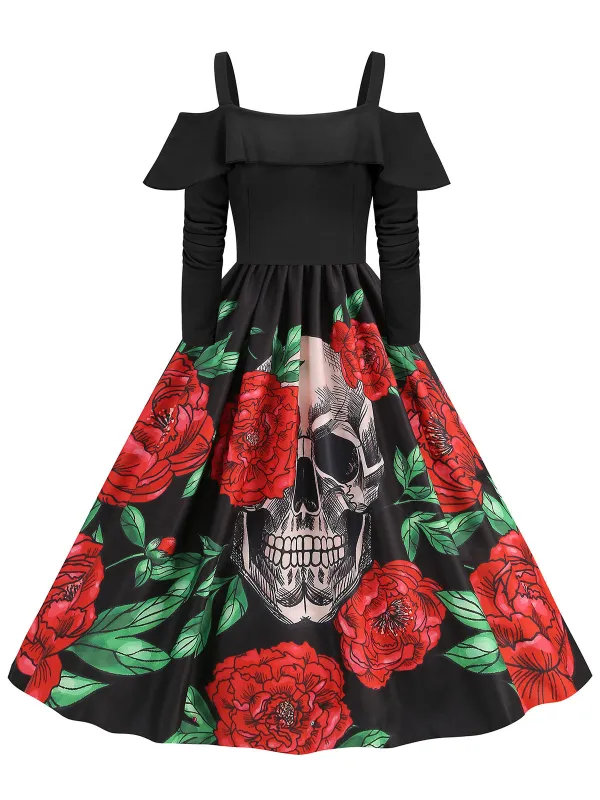 Black 1950s Cold-Shoulder Halloween Skull Roses Dress sold by Retro Stage