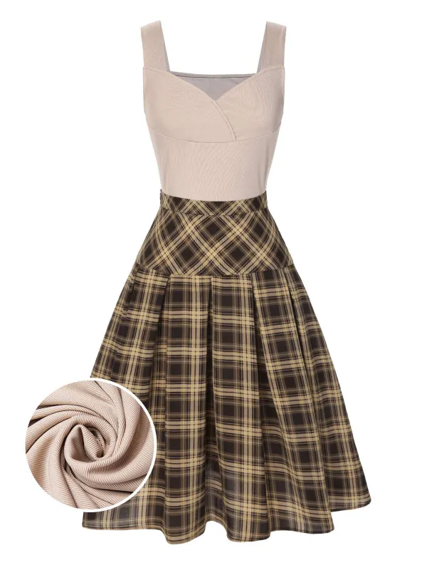2PCS 1950s Beige Knitted Top & Plaid Pleated Skirt made by Retro Stage
