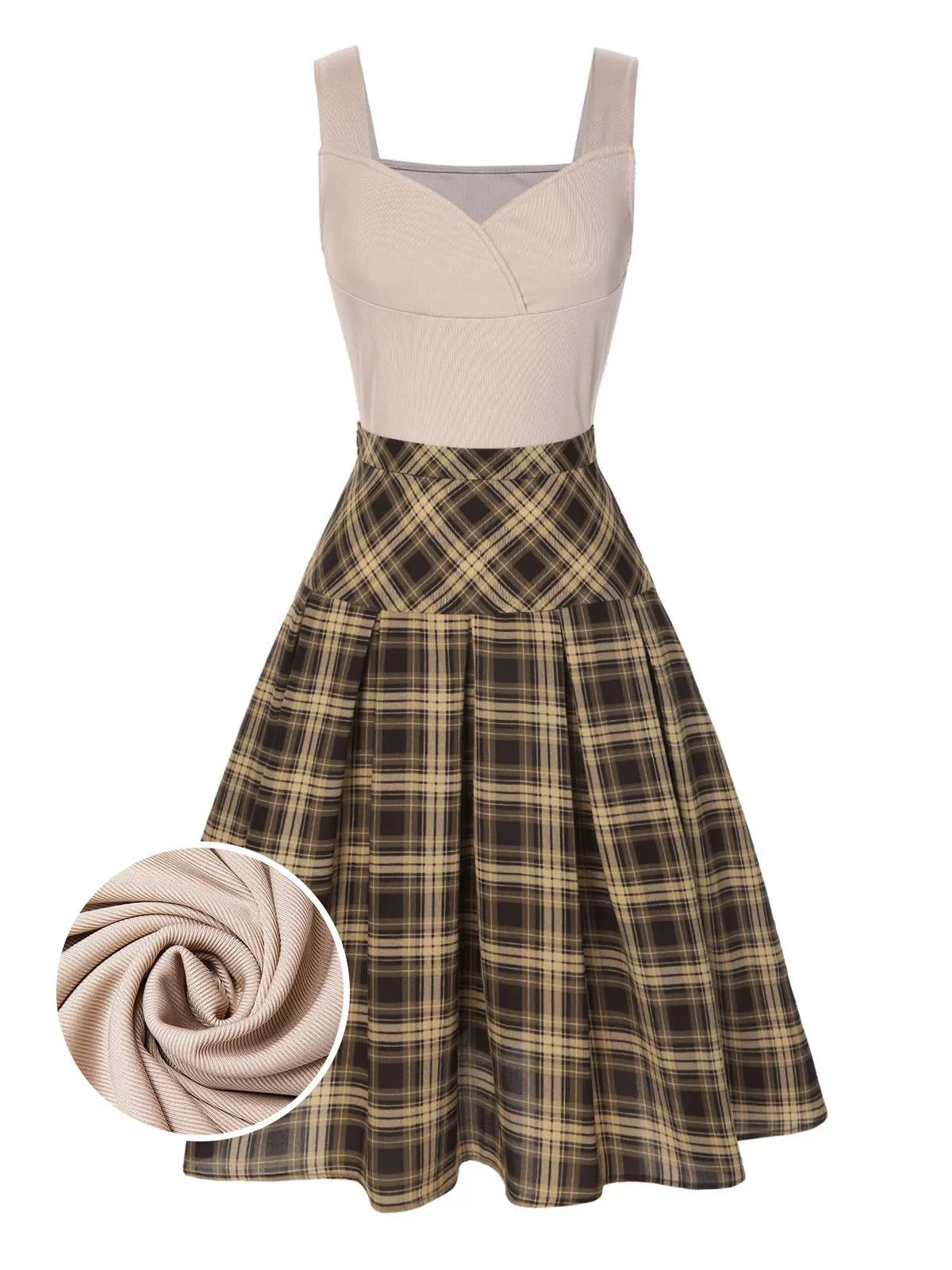 2PCS 1950s Beige Knitted Top & Plaid Pleated Skirt sold by Retro Stage
