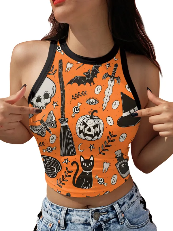 1960s Halloween Skull Pumpkin Crop Sleeveless Top sold by Retro Stage