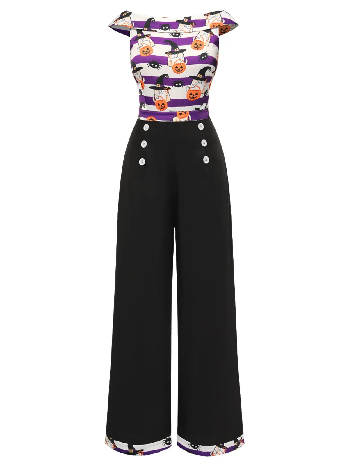 Black 1950s Pumpkin Off Shoulder Patchwork Jumpsuit sold by Retro Stage product image thumbnail 2