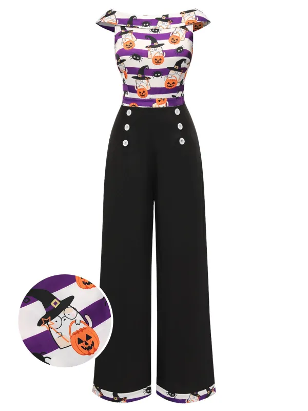 Black 1950s Pumpkin Off Shoulder Patchwork Jumpsuit sold by Retro Stage
