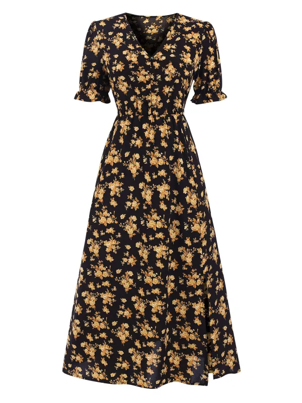1940s V-Neck Ruffle Boho Floral Midi Dress sold by Retro Stage