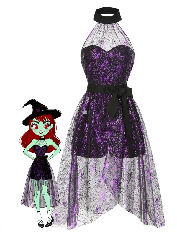 2PCS Black & Purple 1950s Spiderweb Mesh Romper & Skirt Cover-Up sold by Retro Stage