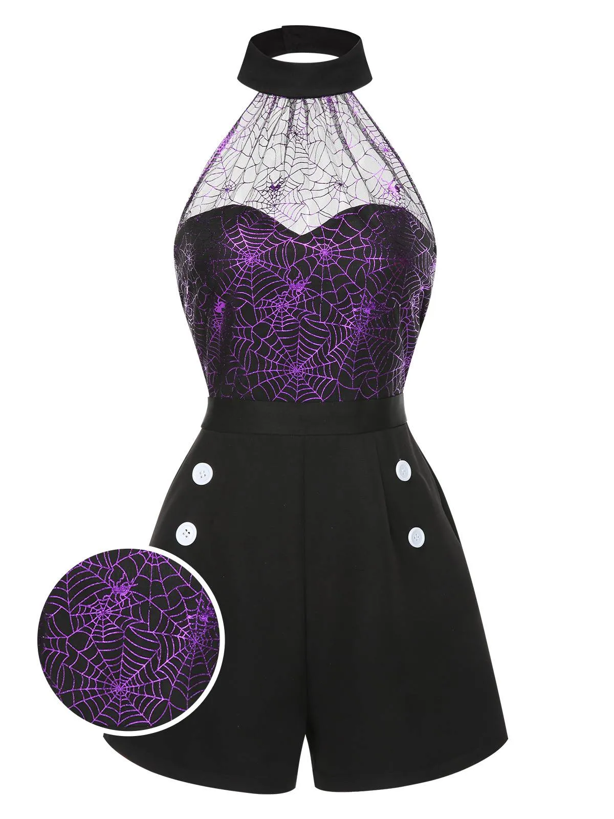 Black 1950s Spiderweb Laser Mesh Halter Romper sold by Retro Stage
