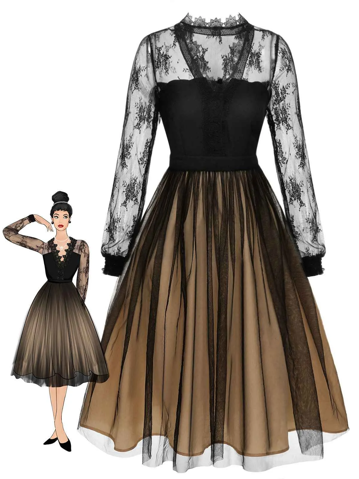 Black 1950s Lace Patchwork Mesh Dress sold by Retro Stage