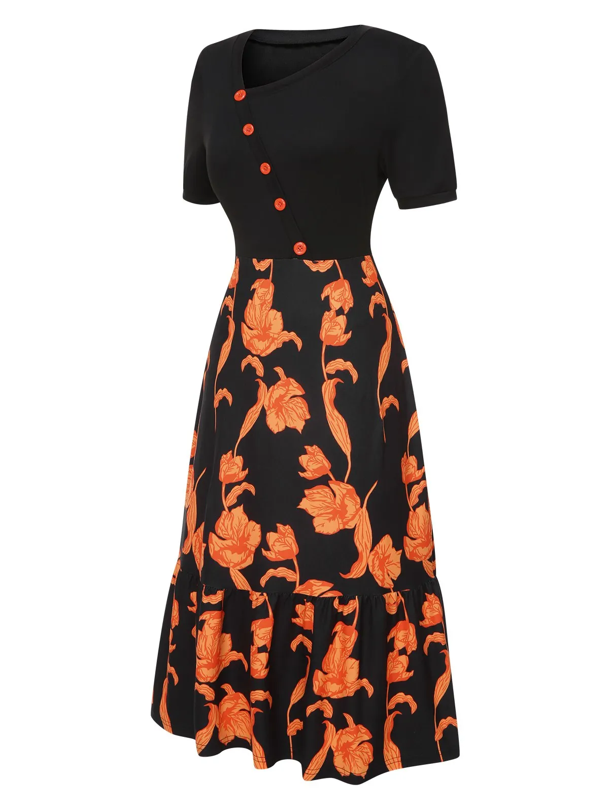 Black 1930s Irregular Neckline Floral Patchwork Dress sold by Retro Stage product image thumbnail 2