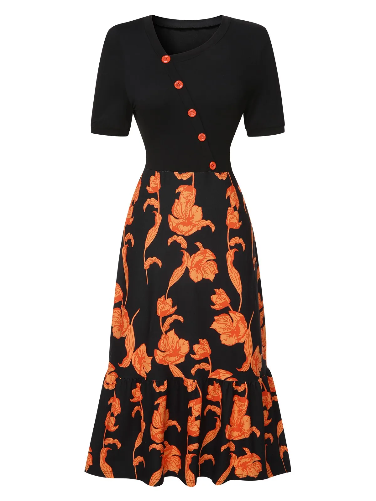 Black 1930s Irregular Neckline Floral Patchwork Dress sold by Retro Stage