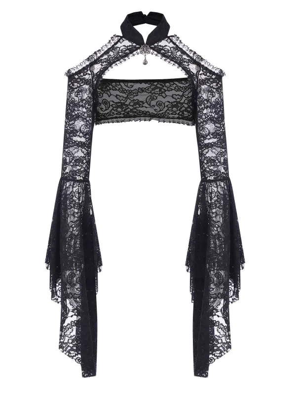 Black 1960s Flare Sleeved Lace Rhinestone Sheer Cape sold by Retro Stage