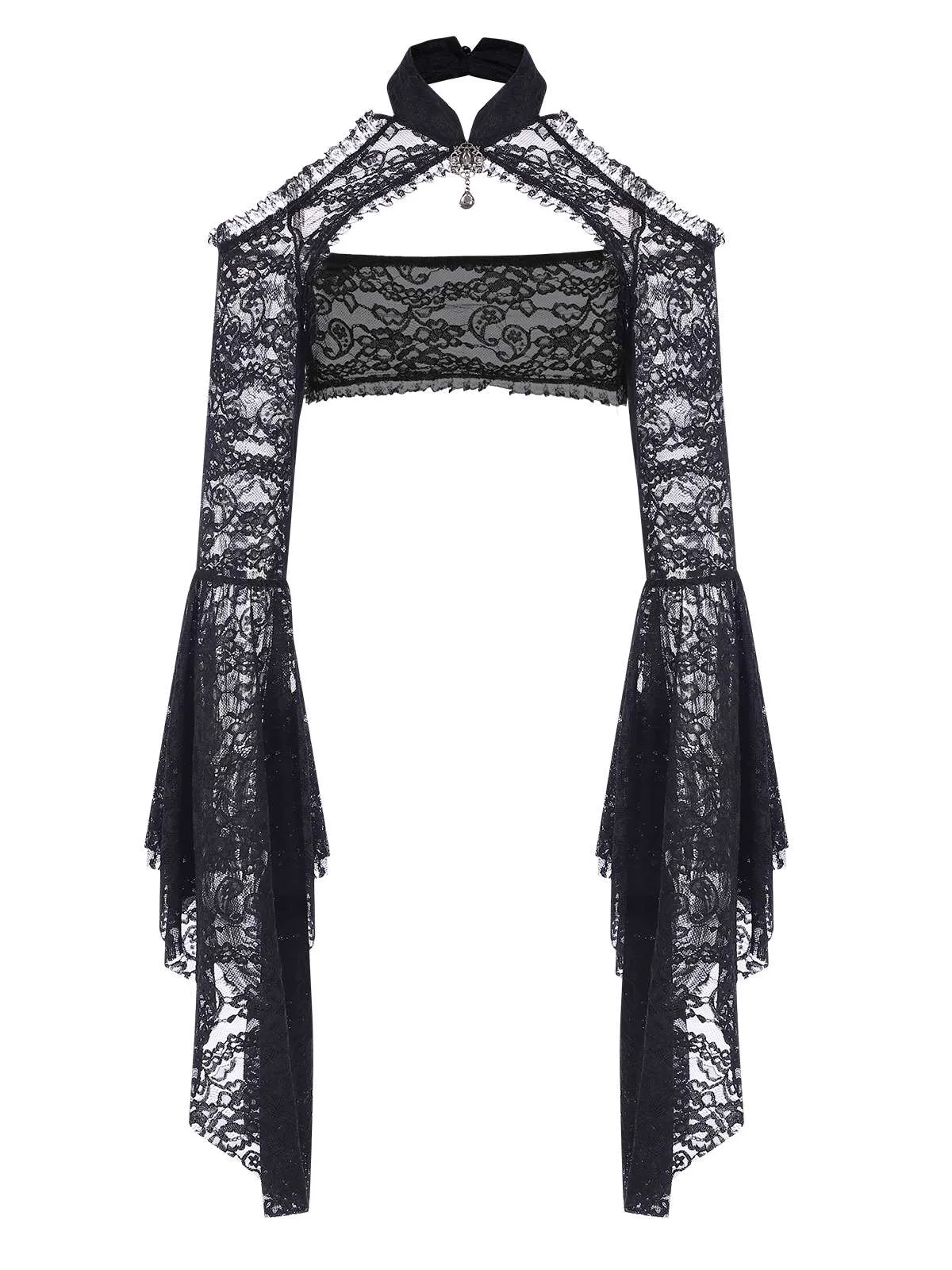 Black 1960s Flare Sleeved Lace Rhinestone Sheer Cape sold by Retro Stage