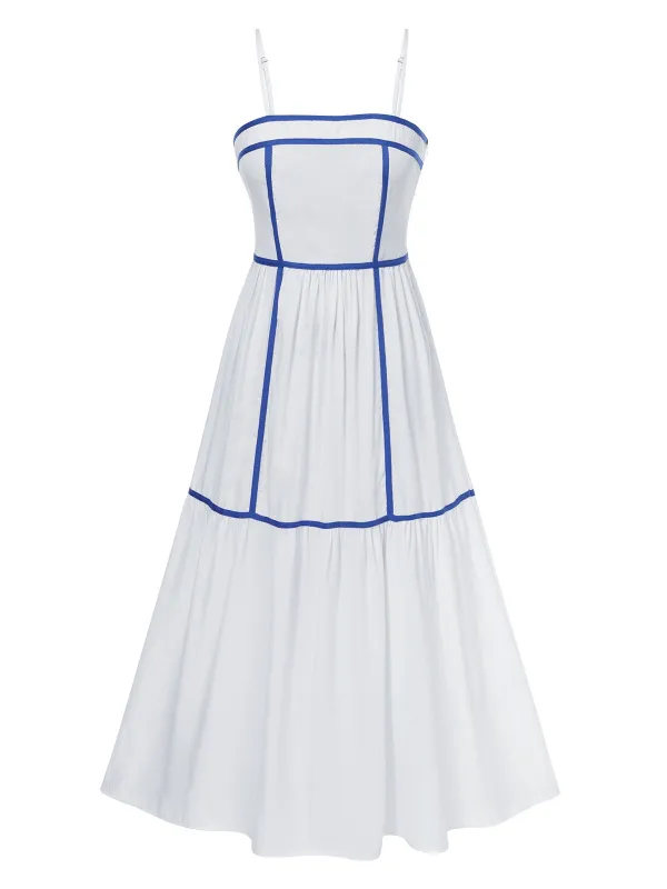 White 1930s Spaghetti Straps Blue Lines Dress sold by Retro Stage