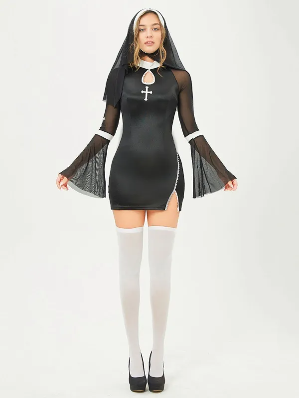 Black 1960s Stand Collar Mesh Flare Sleeves Dress sold by Retro Stage