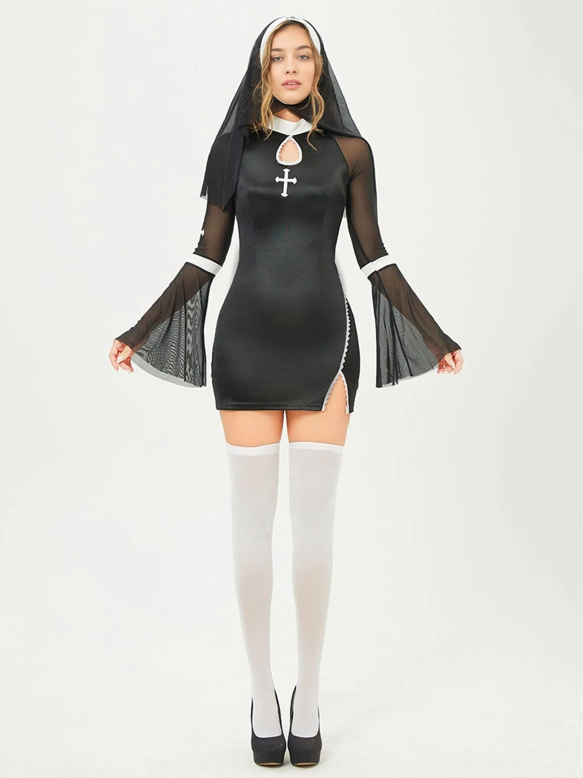 Black 1960s Stand Collar Mesh Flare Sleeves Dress sold by Retro Stage