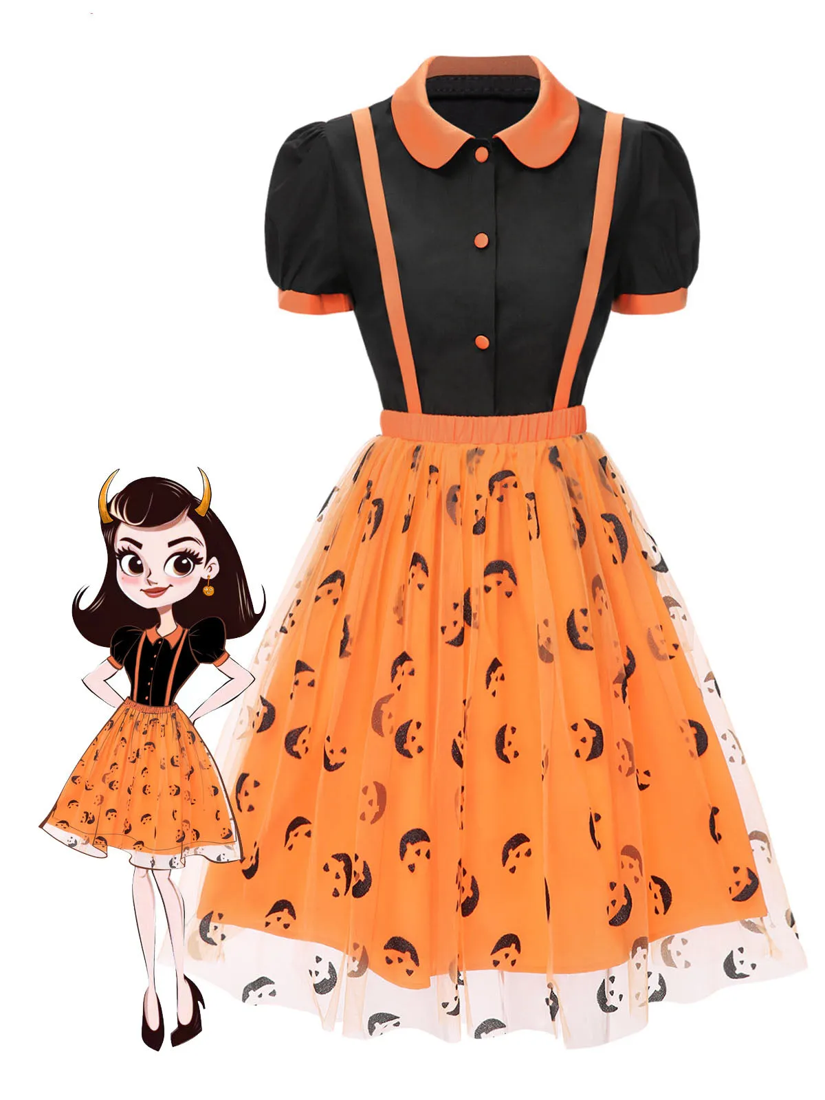 2PCS 1940s Halloween Peter Pan Collar Blouse & Smiley Face Mesh Skirt sold by Retro Stage