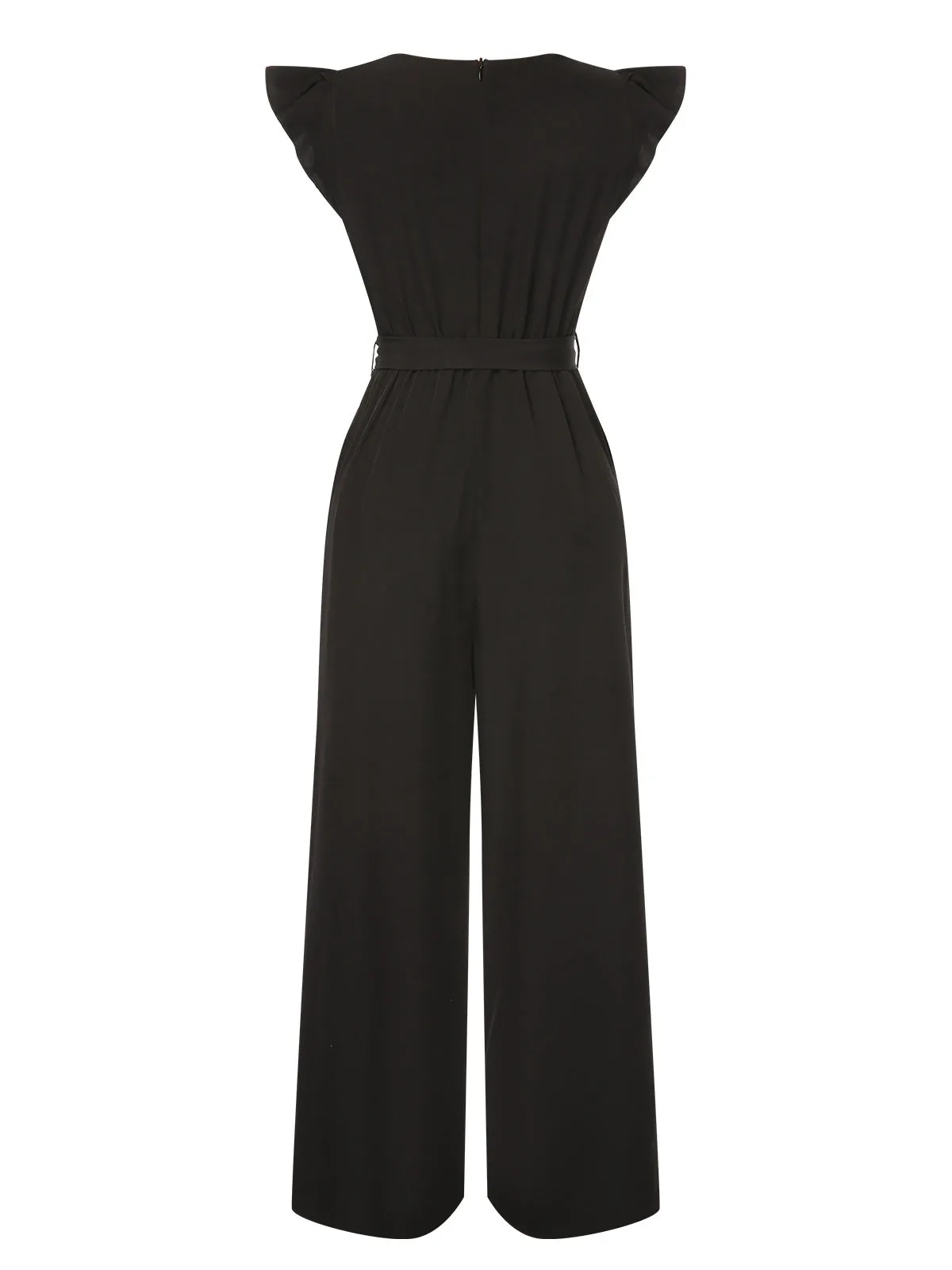 Black 1930s Solid Ruffle Sleeves Belted Jumpsuit sold by Retro Stage product image thumbnail 3