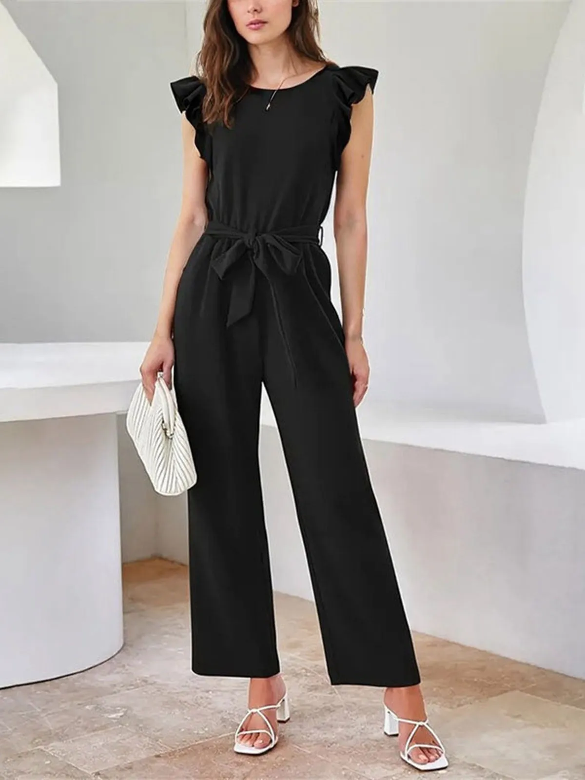 Black 1930s Solid Ruffle Sleeves Belted Jumpsuit sold by Retro Stage product image thumbnail 4