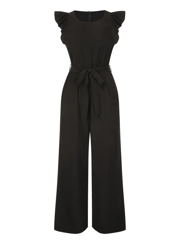Black 1930s Solid Ruffle Sleeves Belted Jumpsuit sold by Retro Stage