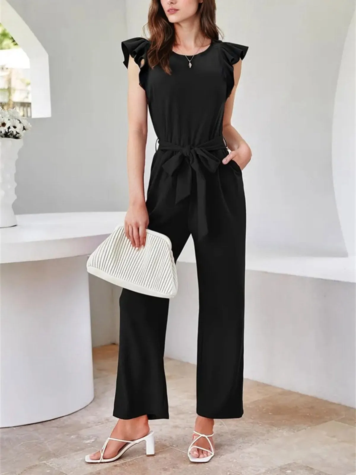Black 1930s Solid Ruffle Sleeves Belted Jumpsuit sold by Retro Stage product image thumbnail 5