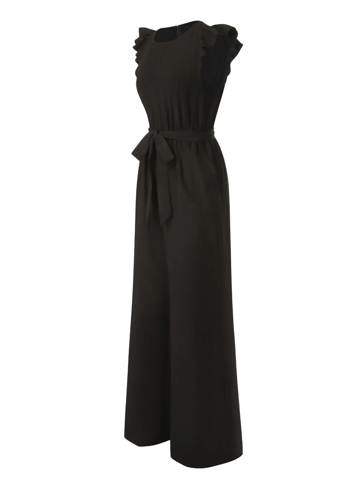 Black 1930s Solid Ruffle Sleeves Belted Jumpsuit sold by Retro Stage product image thumbnail 2