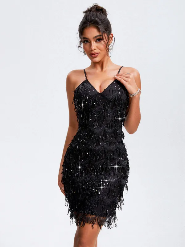 Black 1920s Spaghetti Straps Sequined Flapper Dress sold by Retro Stage