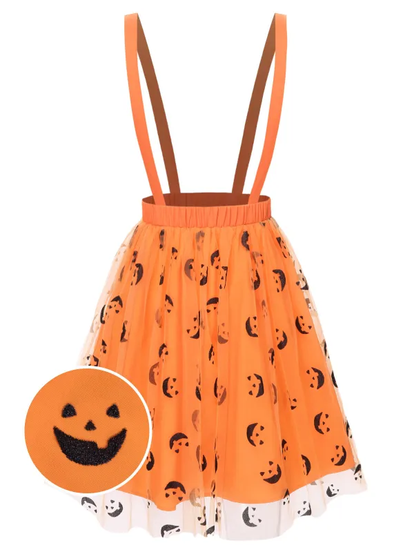 Orange 1940s Halloween Smiley Face Mesh Suspender Skirt sold by Retro Stage