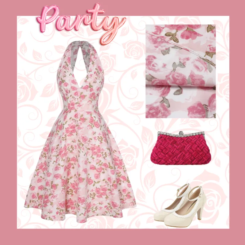 Pink 1950s Floral V-Neck Dress sold by Retro Stage