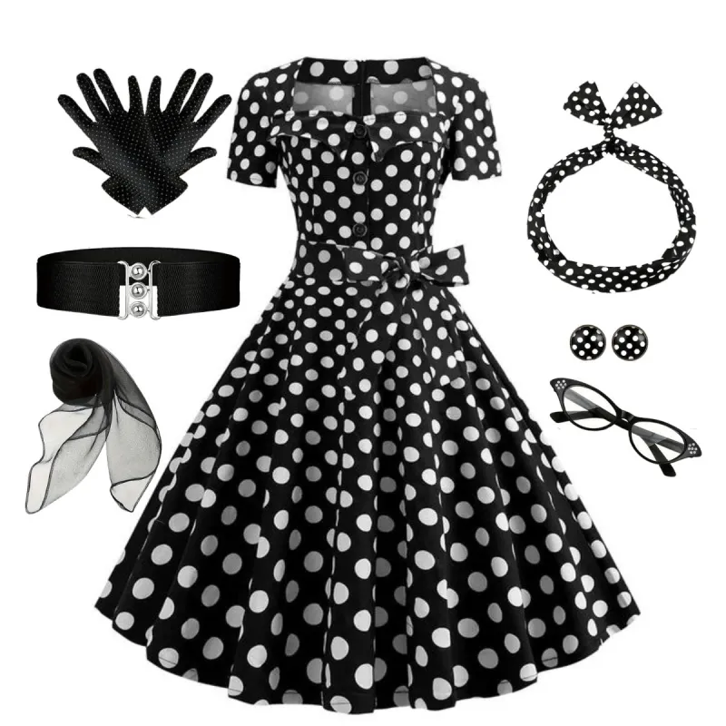 1950s Square Neck Short Sleeves Dress With Accessories Set sold by Retro Stage