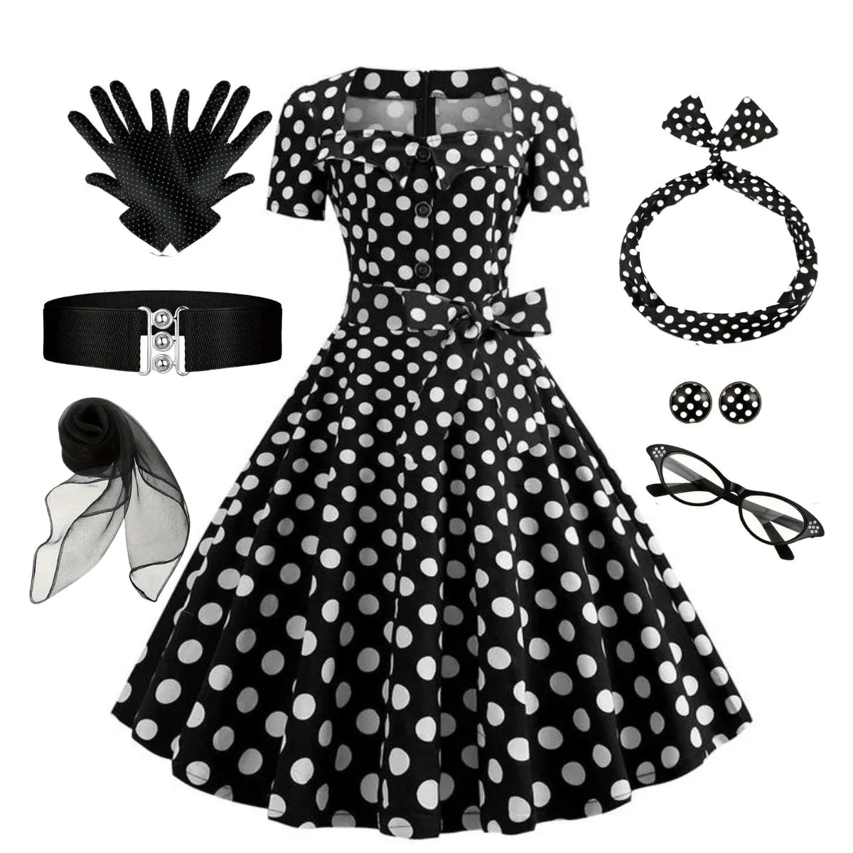 1950s Square Neck Short Sleeves Dress With Accessories Set sold by Retro Stage