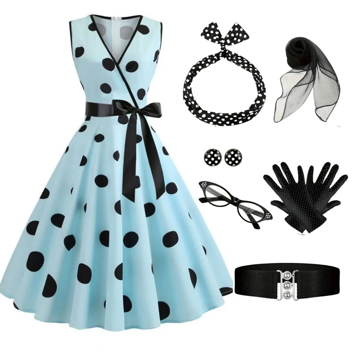 1950s Bow Polka Dot Swing Dress With Accessories Set sold by Retro Stage