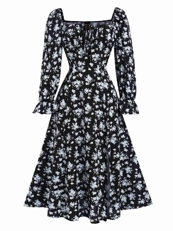 1940s Drawstring Slit Square Neck Floral Dress sold by Retro Stage